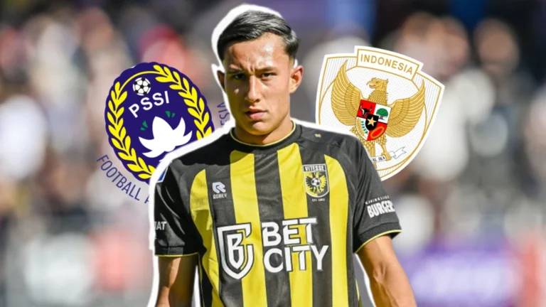 Miliano Jonathans, pemain Vitesse Arnhem berdarah Indonesia, dalam balutan jersey klub, dengan logo PSSI dan lambang Garuda Indonesia di latar belakang, melambangkan proses naturalisasi menuju Timnas Indonesia.