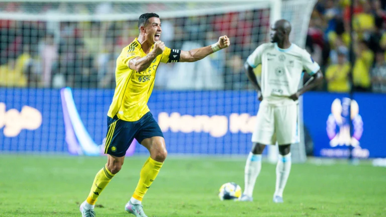 Cristiano Ronaldo celebrates passionately after assisting João Félix’s debut goal in Al-Nassr’s 2–1 Saudi Super Cup semi-final victory over Al-Ittihad.