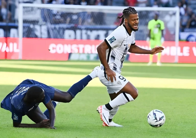 Loïs Diony of Angers SCO scores his second goal of the season against Paris FC.