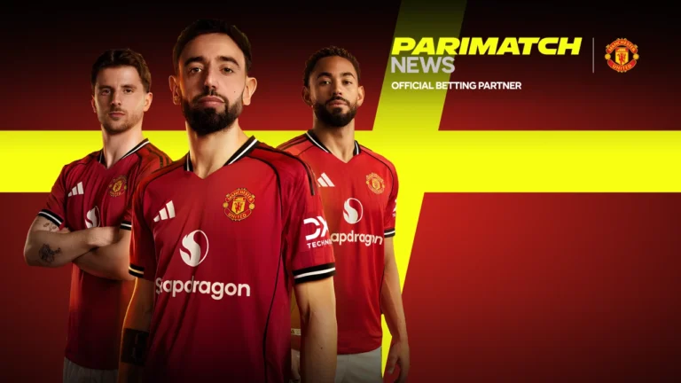 Logo Parimatch bersama Manchester United di Old Trafford, resmi kolaborasi sebagai Official Betting Partner Asia dan MENA 2025