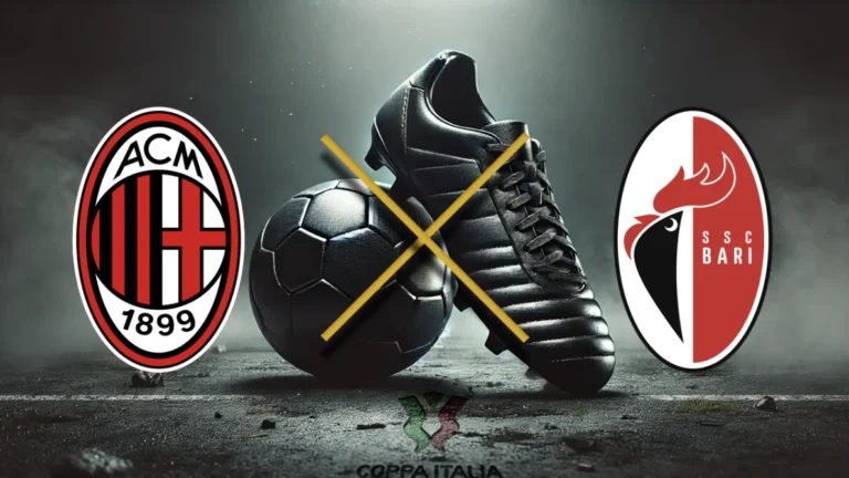 Logo AC Milan dan SSC Bari dengan bola sepak hitam dan sepatu bola hitam di tengah, disilangkan garis kuning, di atas latar bertema Coppa Italia.