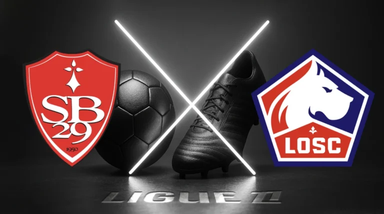 Logo Stade Brestois 29 dan LOSC Lille dengan bola sepak hitam dan sepatu bola hitam di tengah, disilangkan garis cahaya putih, di atas latar bertema Ligue 1.
