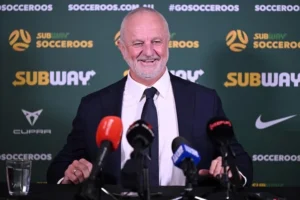 Graham Arnold at a press conference during his unveiling as Iraq’s new national football team head coach.