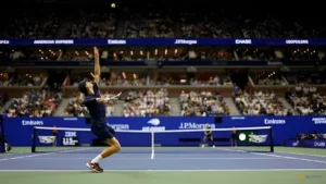 Sep 1, 2025; Flushing, New York, USA; Jannik Sinner of Italy serves during his match against Alexander Bublik of Kazakhstan (not pictured) on Day 9 of the 2025 US Open at the USTA Billie Jean King National Tennis Center.