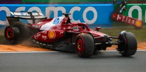 Mobil Ferrari Leclerc rusak parah akibat insiden di GP Belanda 2025